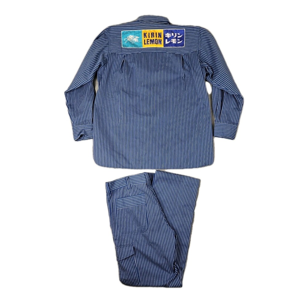Kirin Lemon Uniform Mens XL Blue‎ Striped Beer Embroidered Logo Vintage 80s